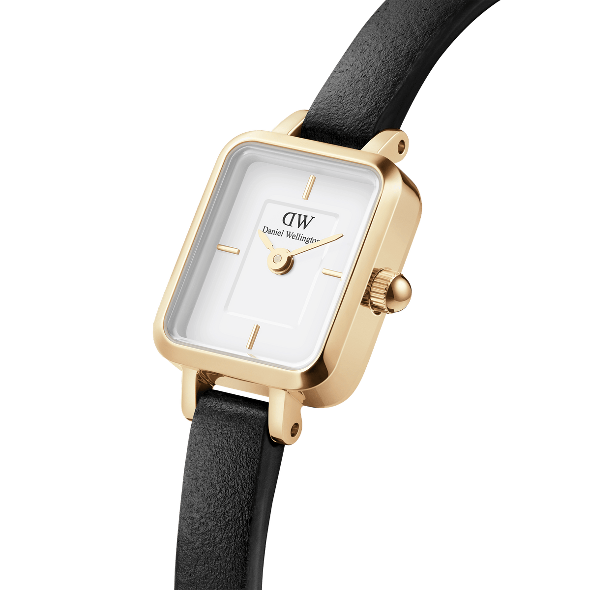 Close-up of the Quadro Mini Sheffield Gold watch showing its polished gold-tone rectangular case, minimalist white dial, and slim black genuine leather strap.