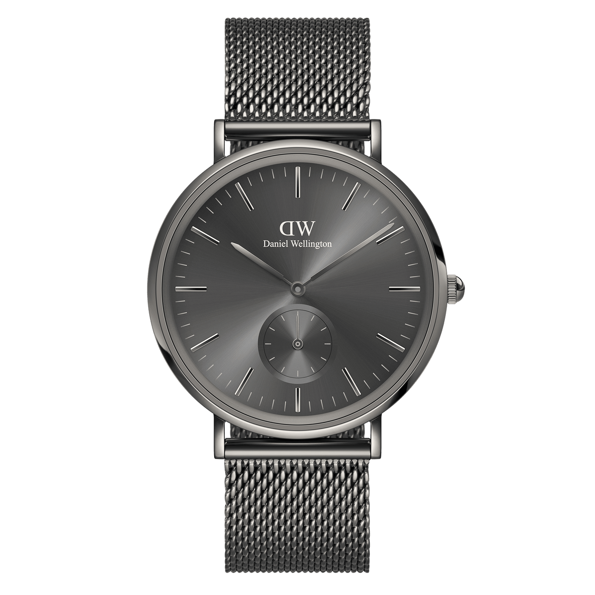 Classic Multi-Eye Mesh Graphite men's watch featuring a graphite sunray dial, minimalist markers, and a grey stainless steel mesh strap with a secure buckle.