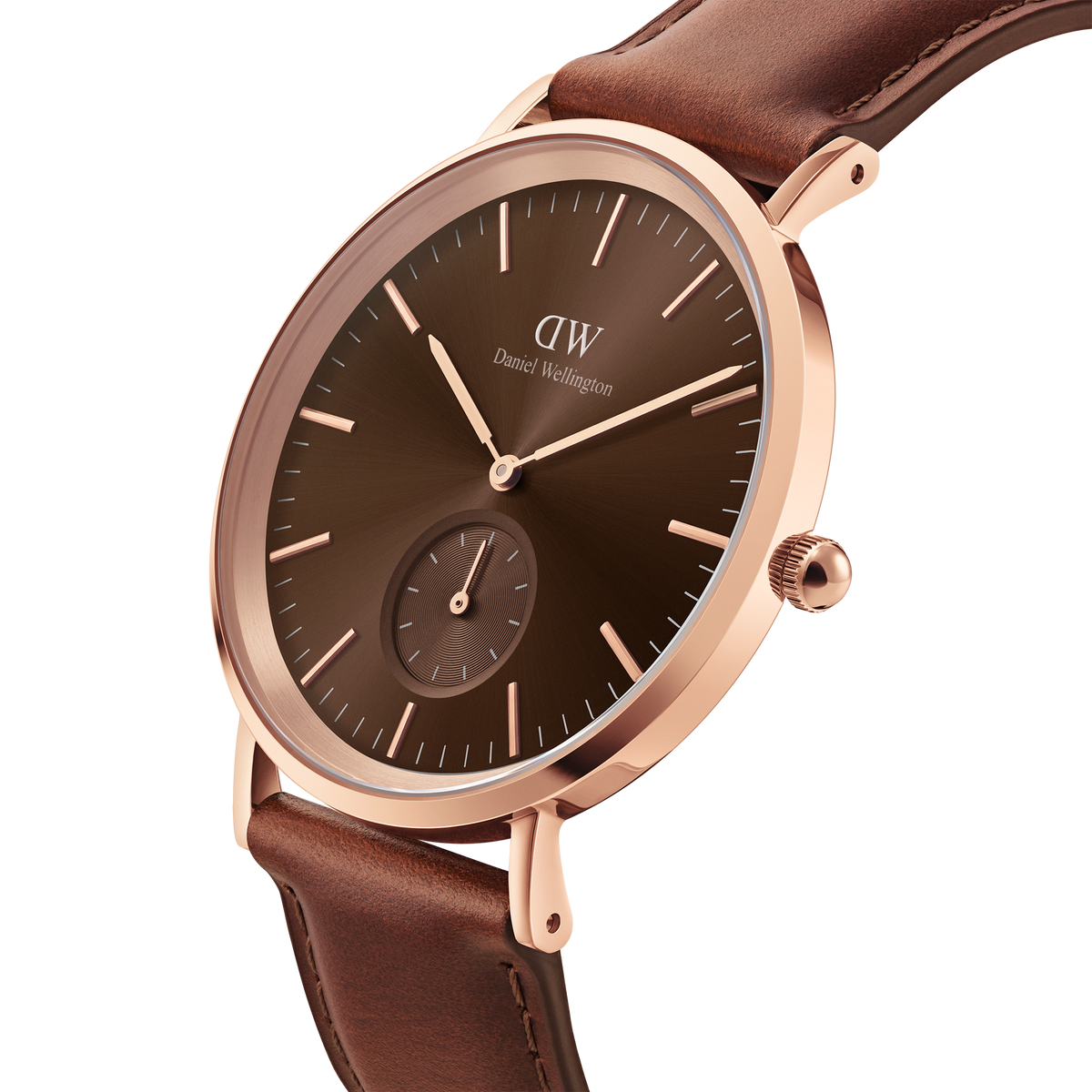 Classic Multi-Eye St Mawes Amber Rose Gold men's watch with a polished rose gold case, amber brown dial, minimalist hour markers, and a genuine brown leather strap, shown in a close-up angle highlighting its refined chronograph design.