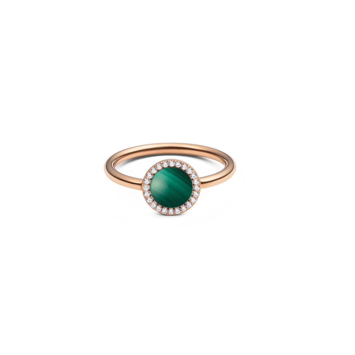 Rose gold ring featuring a round malachite centre stone surrounded by a halo of sparkling white cubic zirconia, set on a slim polished band.