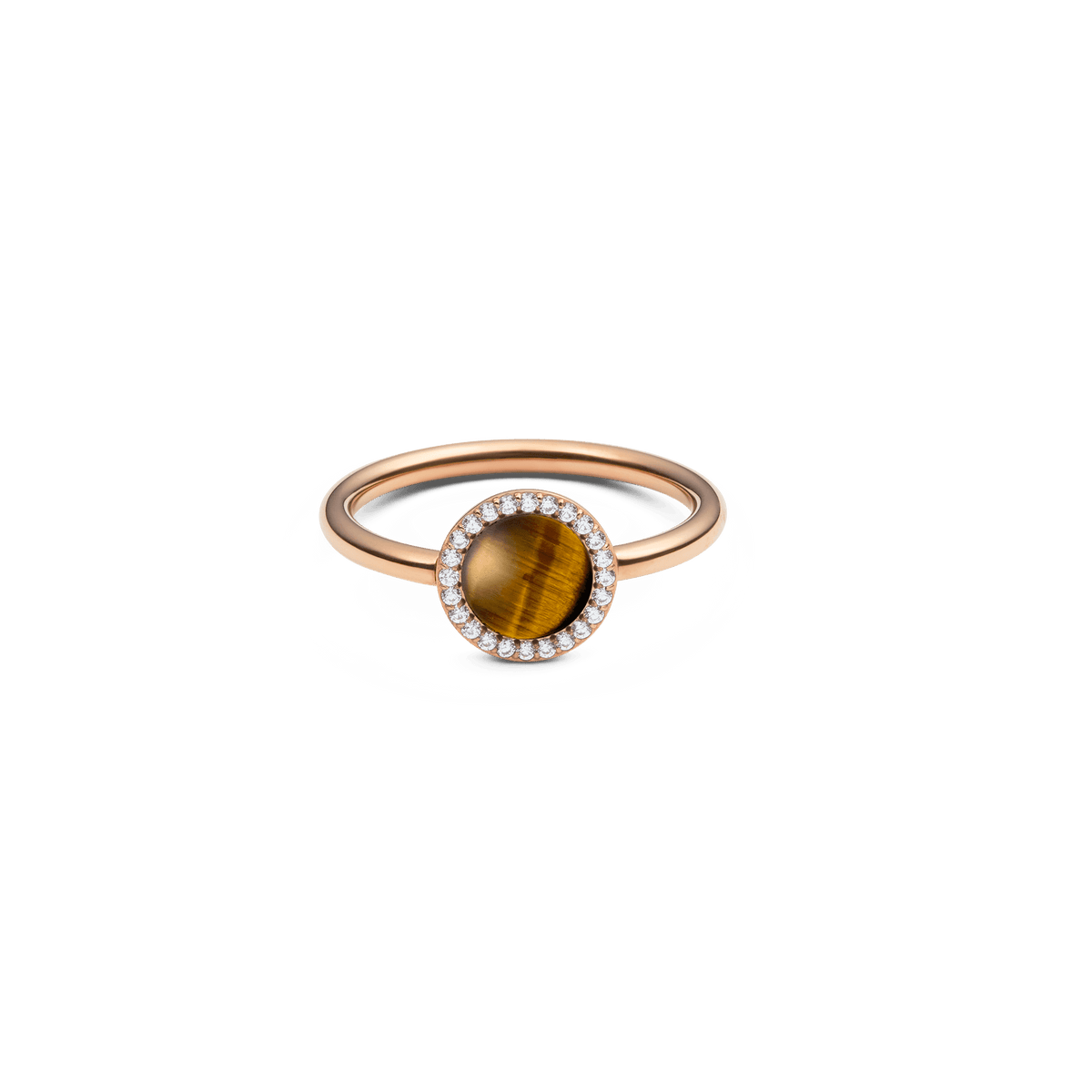 Rose gold ring with a round tiger eye stone at the centre, surrounded by a halo of white cubic zirconia crystals on a slim, polished band.