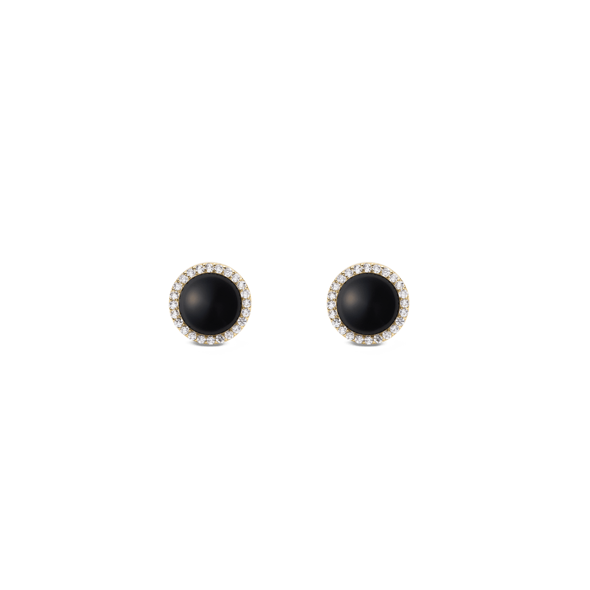 Pair of Audrey Earrings Black Agathe Gold featuring round black agate centres surrounded by a halo of white cubic zirconia crystals in a gold setting, shown against a plain background.