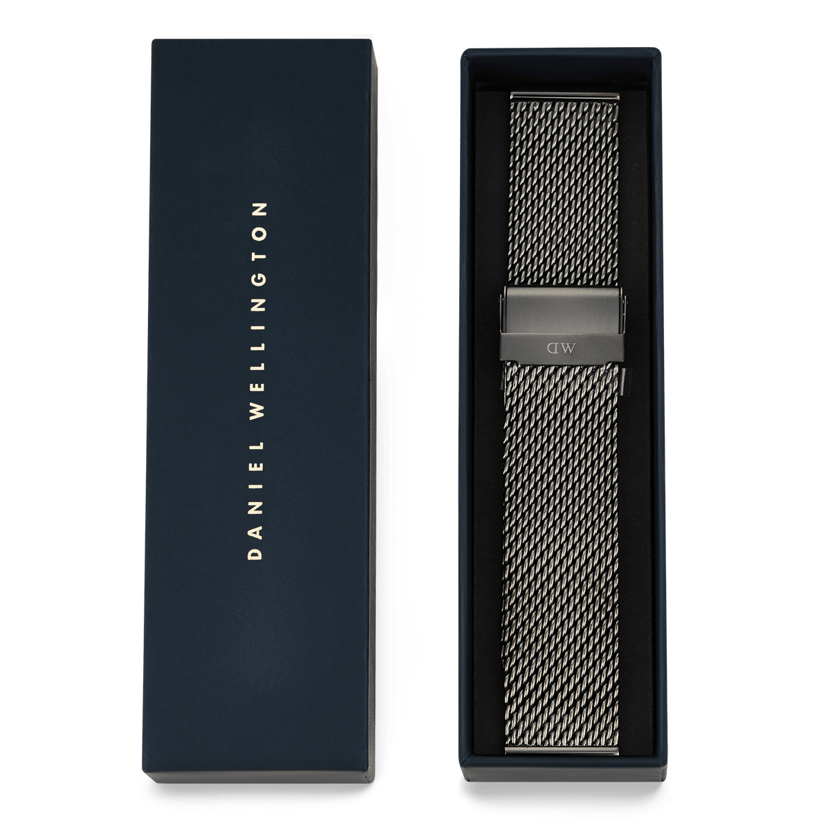 Graphite Mesh Strap presented in a Daniel Wellington box, featuring a 21mm stainless steel mesh design with a folded clasp and a contemporary graphite finish, ready as a stylish gift or watch upgrade.