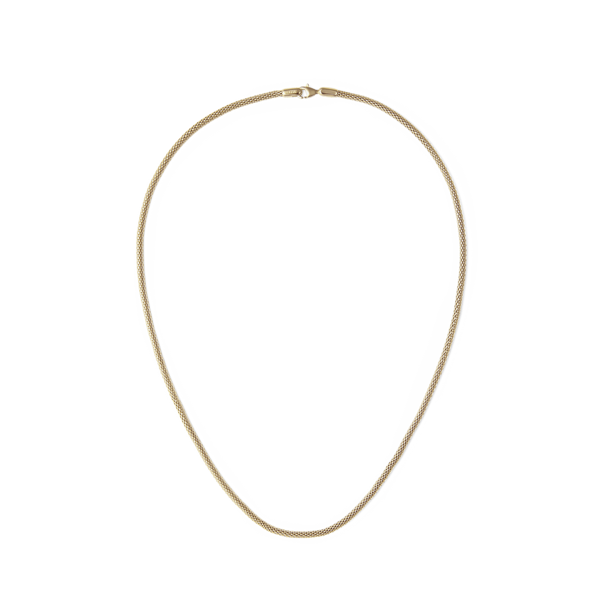 Gold mesh chain necklace with a subtle shine and bold width, featuring a secure lobster clasp and a smooth, modern design suitable for both casual and formal wear.