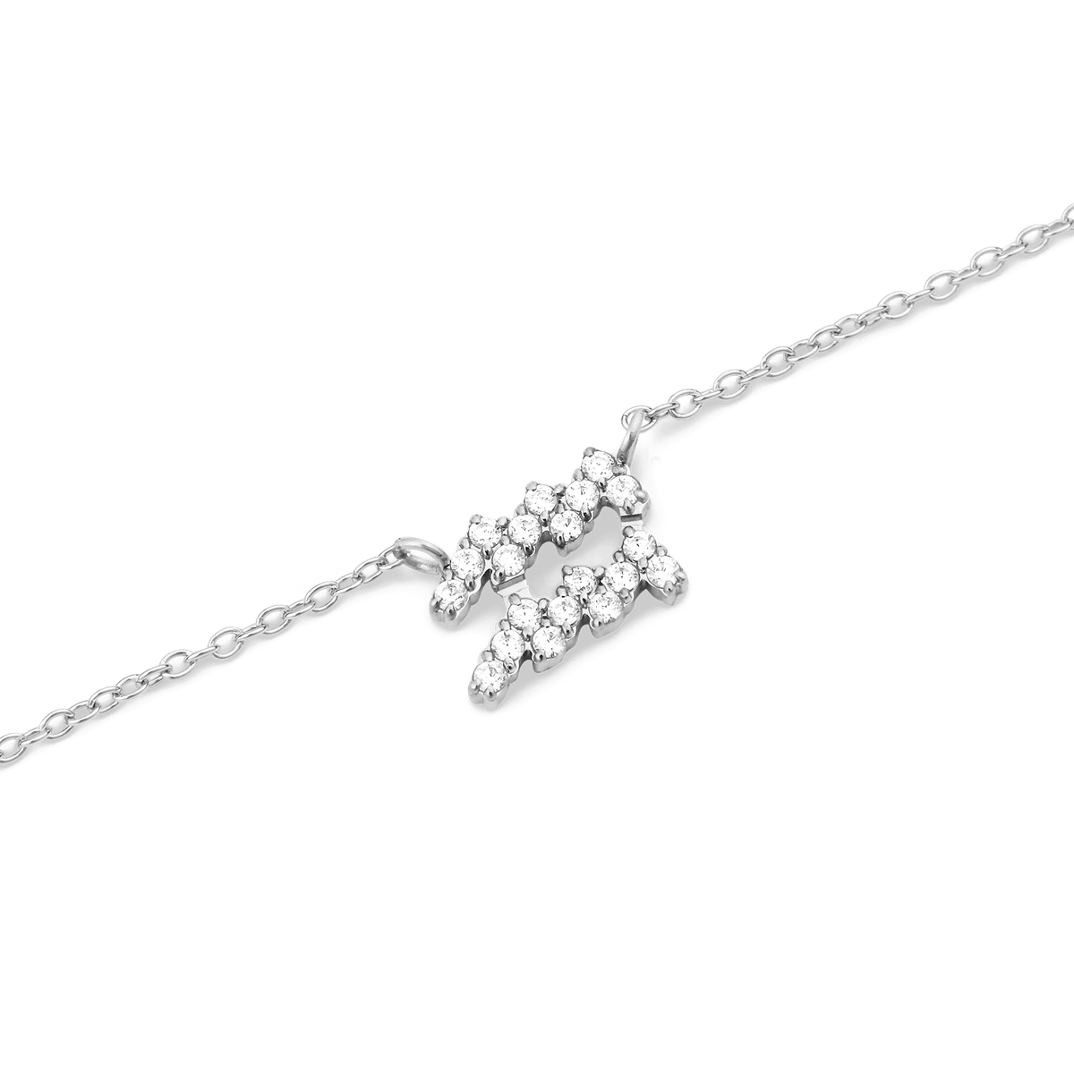 Silver chain necklace featuring an Aquarius zodiac pendant, crafted in stainless steel and adorned with hand-set sparkling crystals.