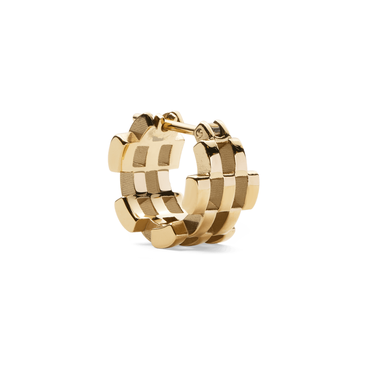 Daniel Wellington 5-Link Earrings Gold featuring a bold, geometric open link design in polished gold-tone stainless steel, shown in close-up to highlight the detailed craftsmanship and unique structure.
