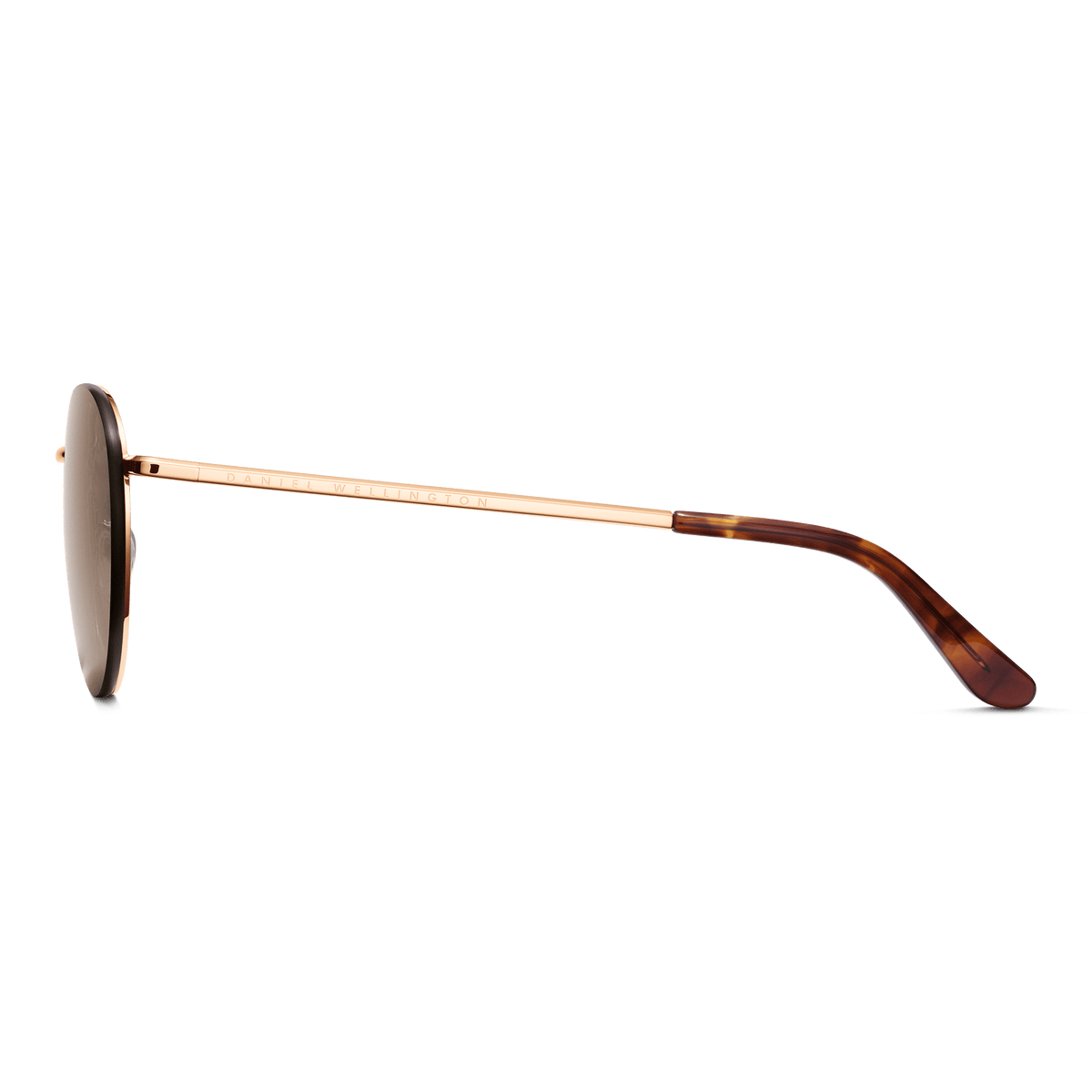 Side view of Arch Steel Brown Rose Gold sunglasses showing the slim rose gold plated stainless steel arm with Daniel Wellington branding and tortoiseshell acetate temple tip.