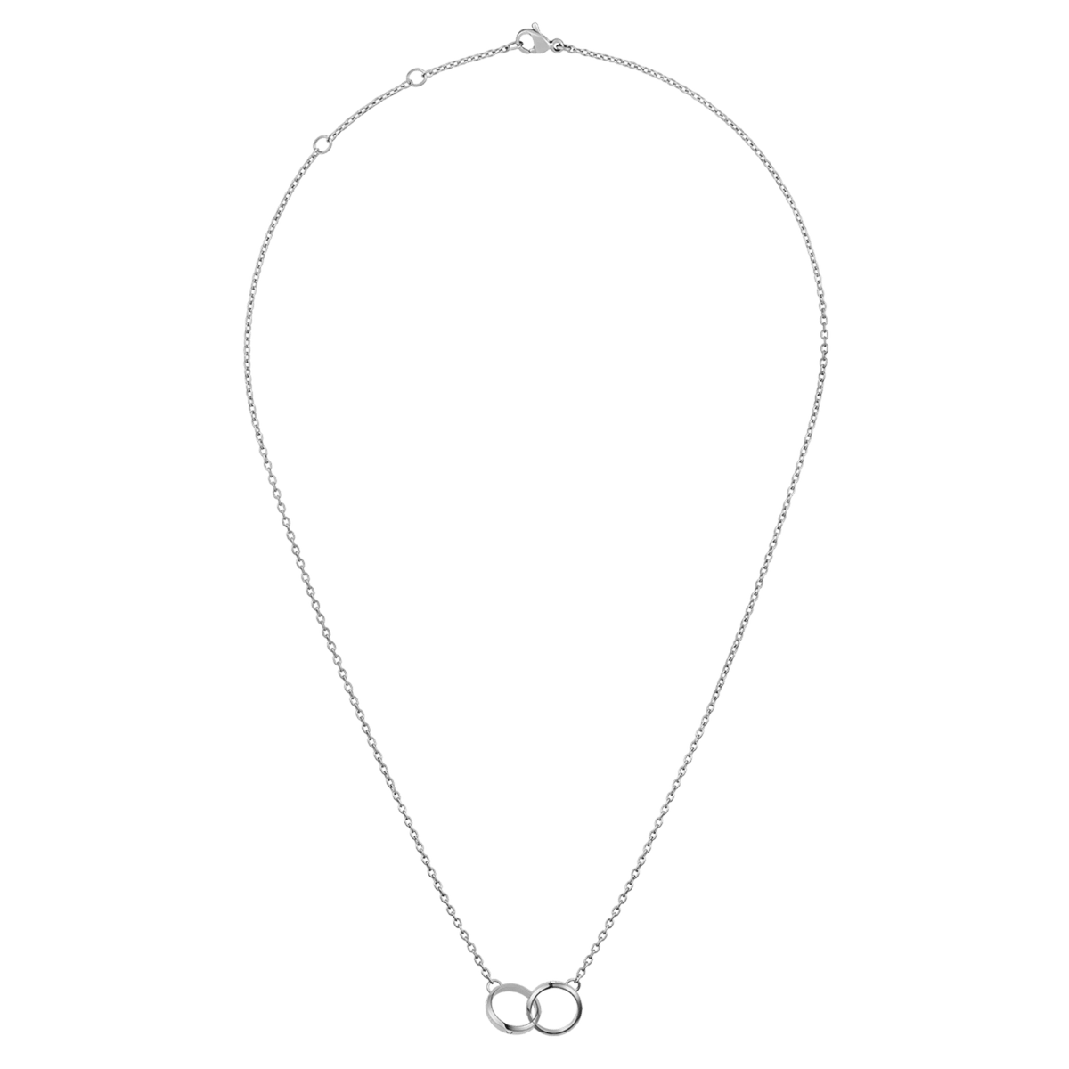 Classic Lumine Unity Silver necklace with an adjustable chain and two polished interlocking rings as a pendant, offering a contemporary and versatile accessory for women.