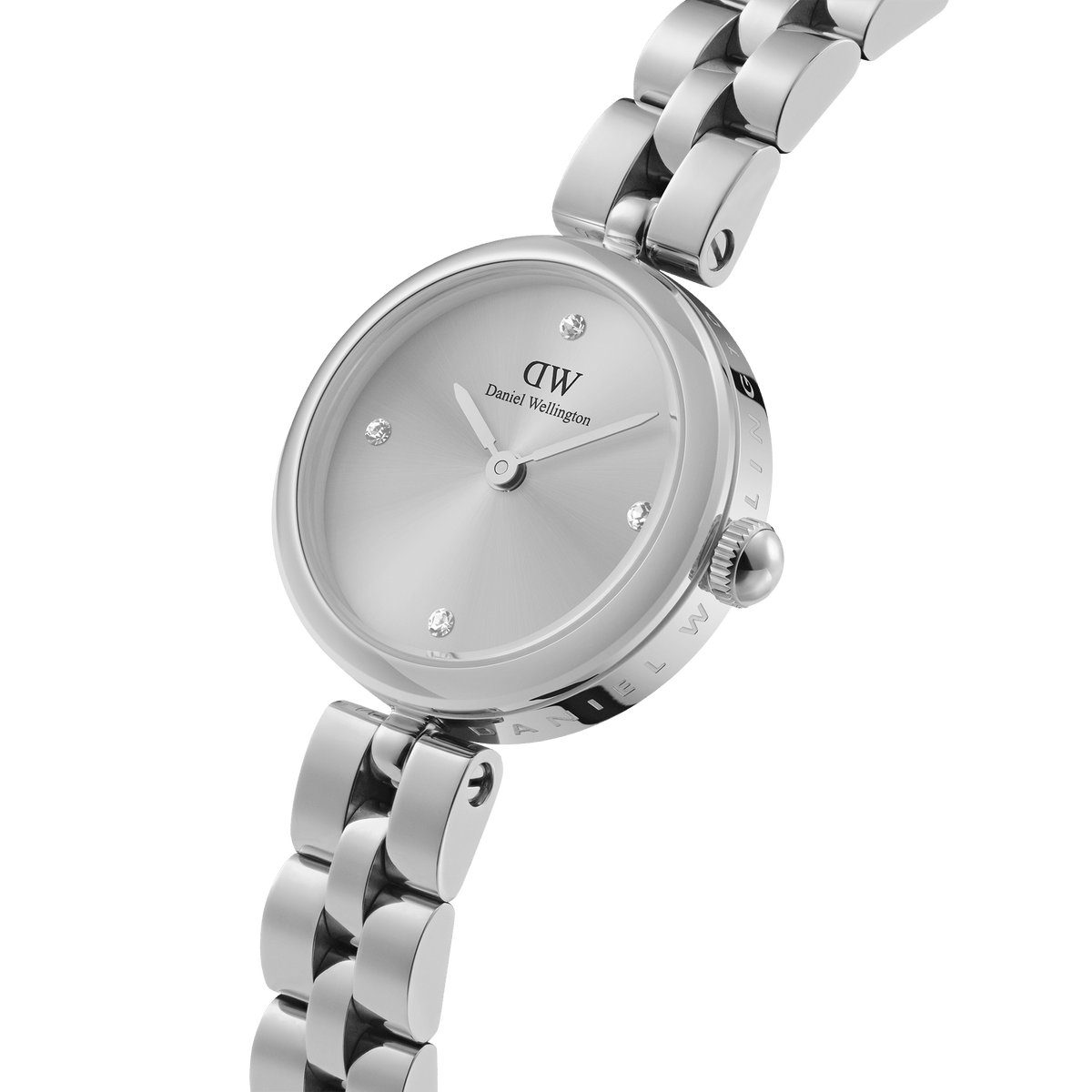 Elan Lumine Unitone Silver ladies watch featuring a round minimalist silver dial with crystal markers, polished stainless steel bracelet, and engraved case, ideal for both casual and formal wear.