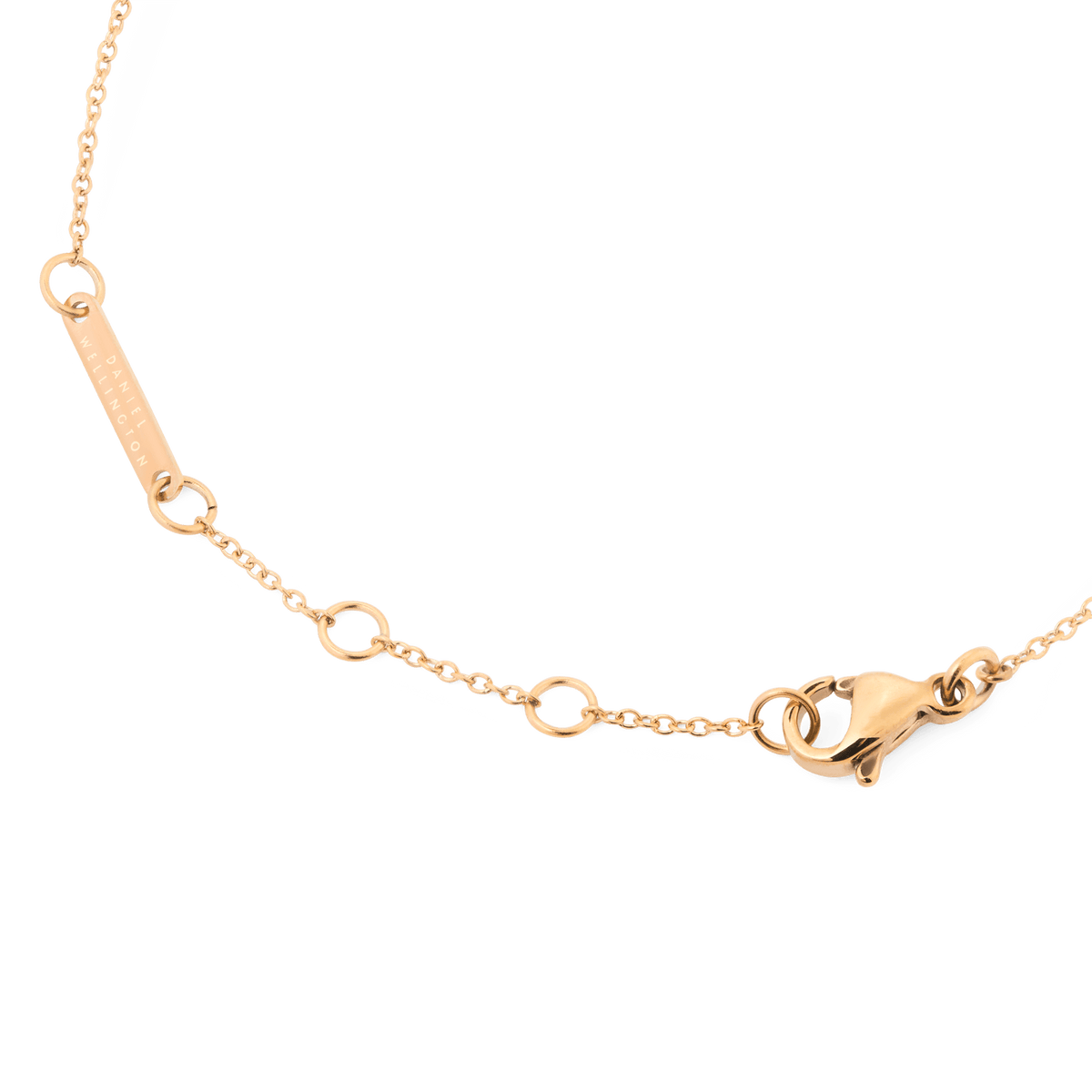 Detail of the Mirelle Eternity Bracelet Rose Gold showing the adjustable rose gold chain, secure lobster clasp, and engraved bar for a comfortable and elegant fit.