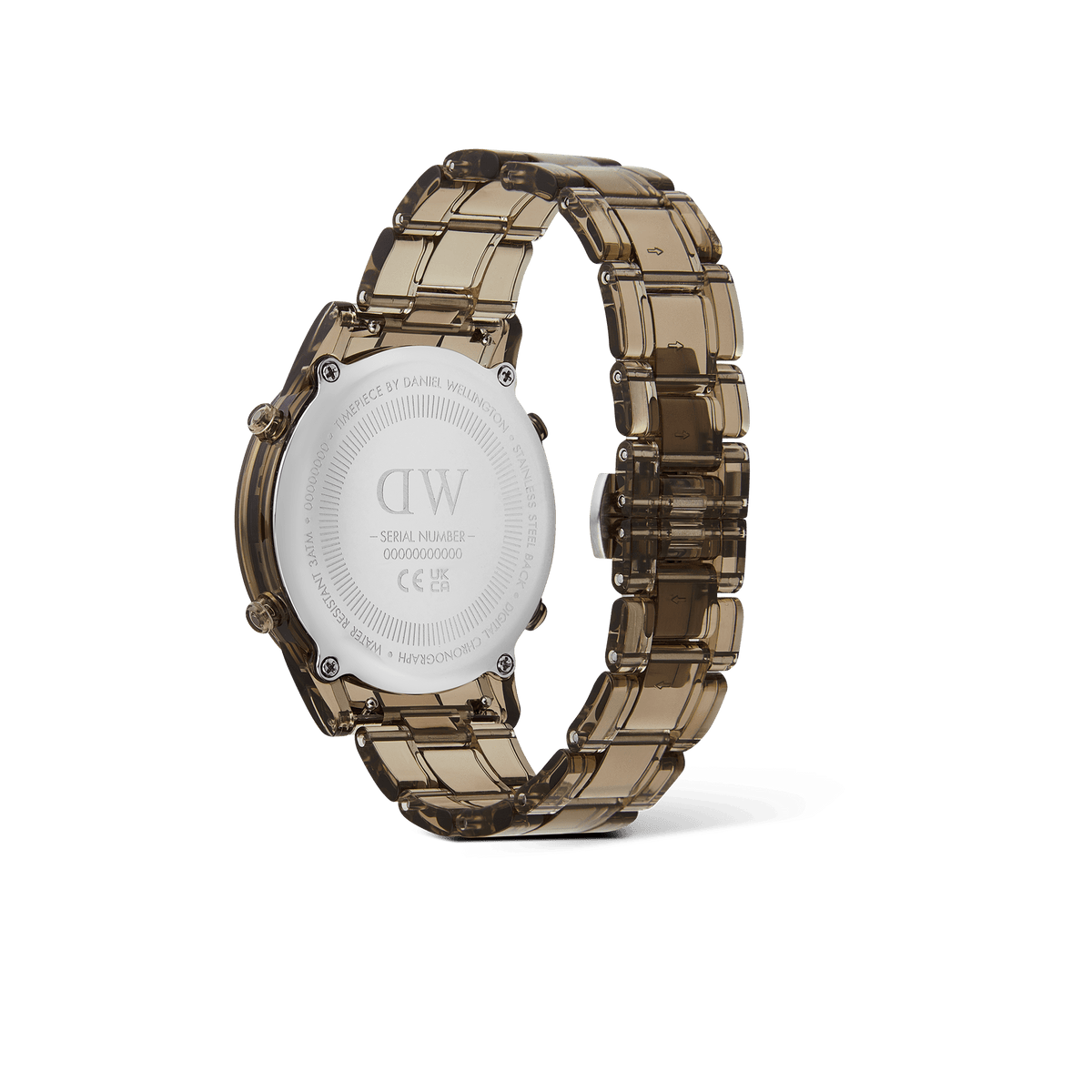 Rear view of the Daniel Wellington Retro Digital Dark Brown Dark Brown watch, showing the engraved stainless steel case back and transparent dark brown link strap.