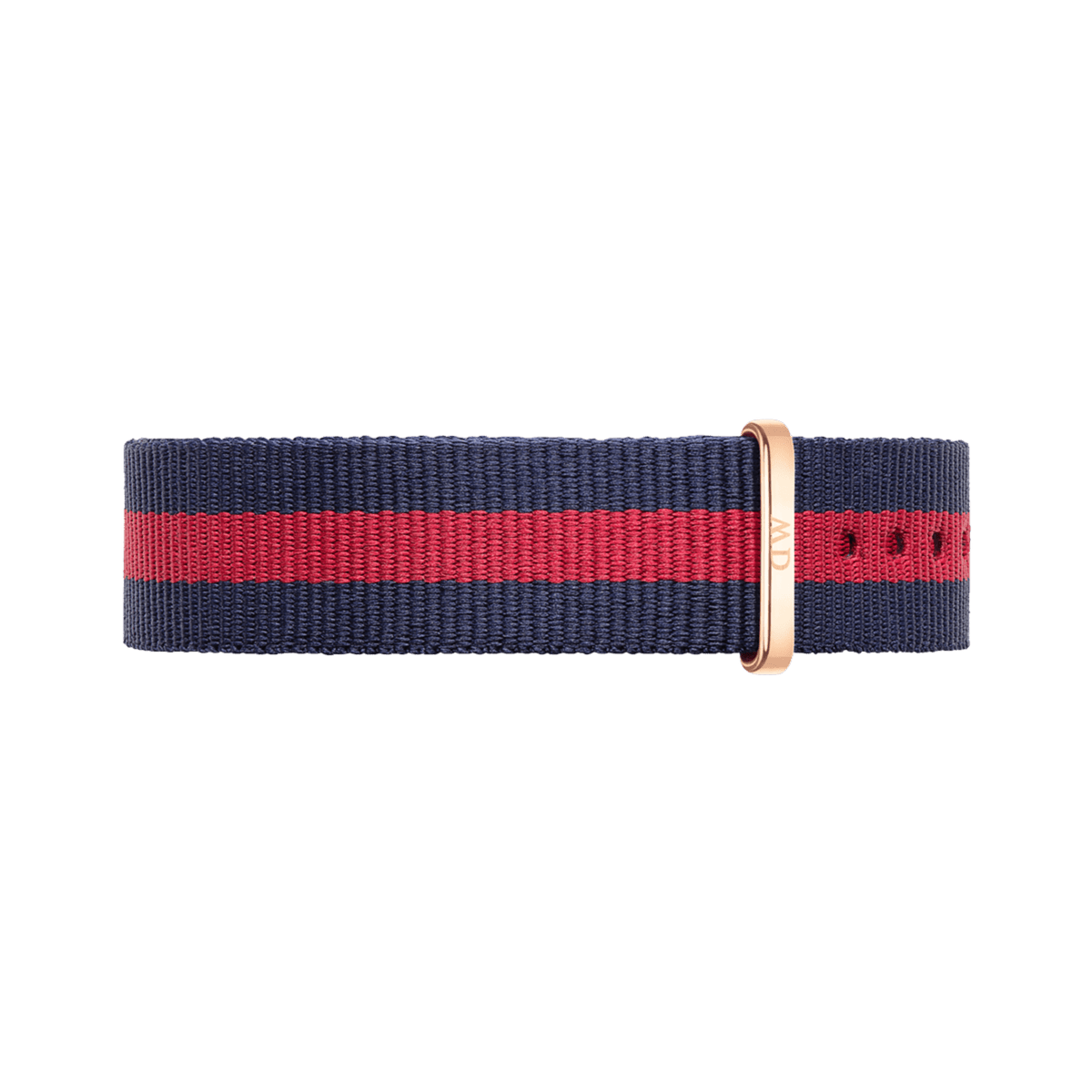 Oxford Strap Rose Gold watch strap featuring a bold navy blue and red stripe in durable polyester, finished with a sleek rose gold buckle for a stylish and contemporary look.
