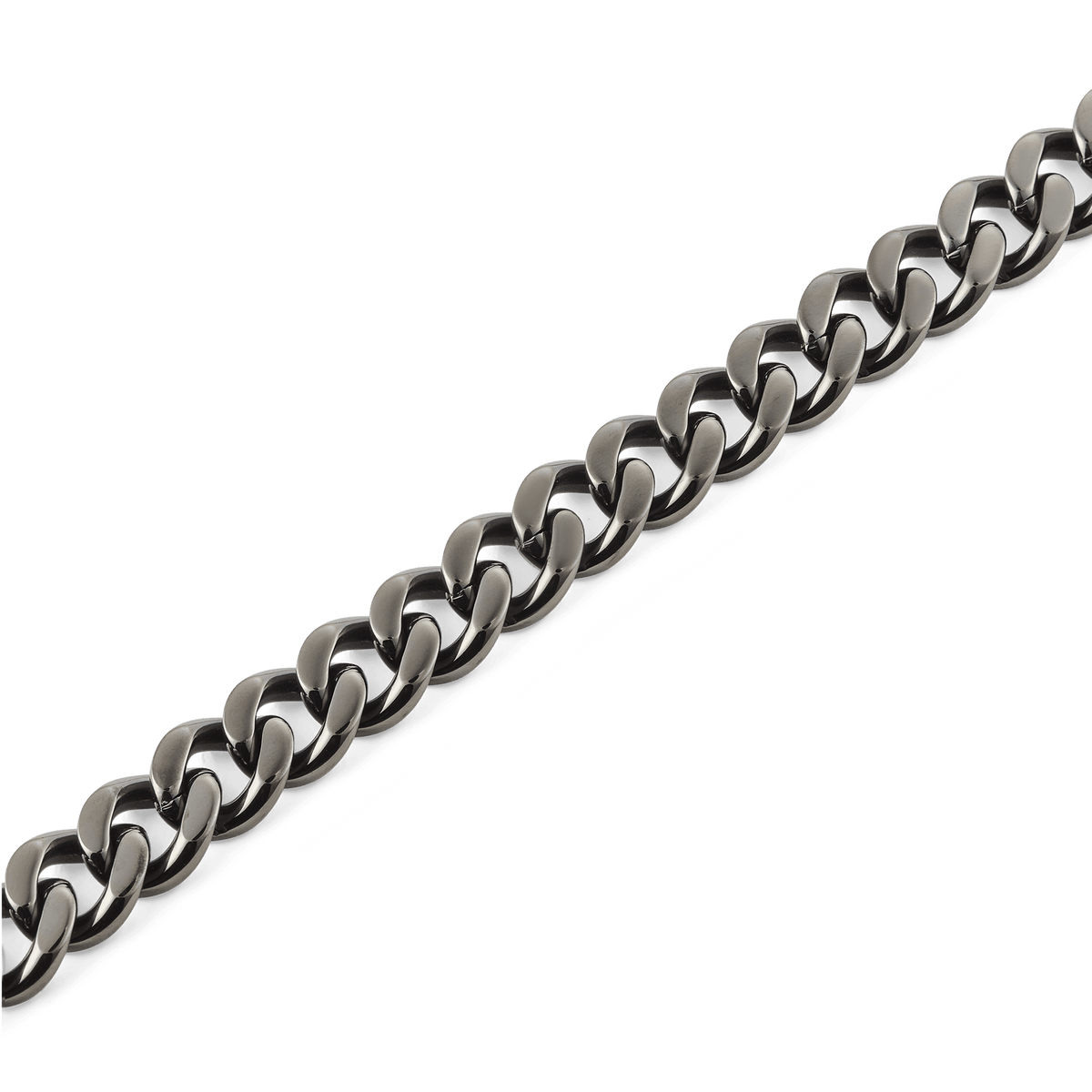 Close-up of the Ellipse Cuban Chain Necklace Graphite showing bold, chunky Cuban links with a matte graphite finish and smooth stainless steel construction.