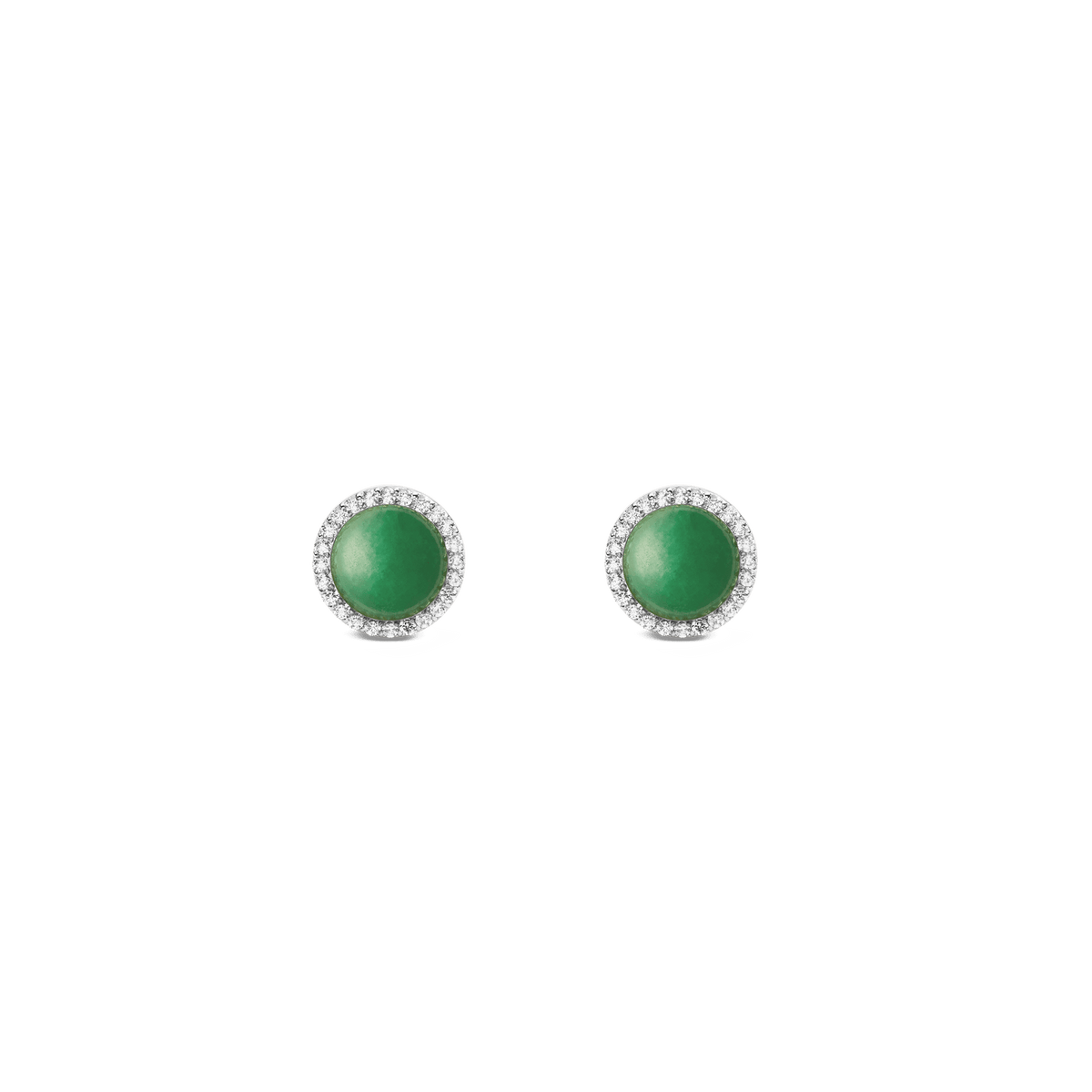 A pair of Daniel Wellington Audrey Earrings Jade Silver featuring round green jade stones set in silver, each surrounded by a halo of white cubic zirconia for a refined, modern look.