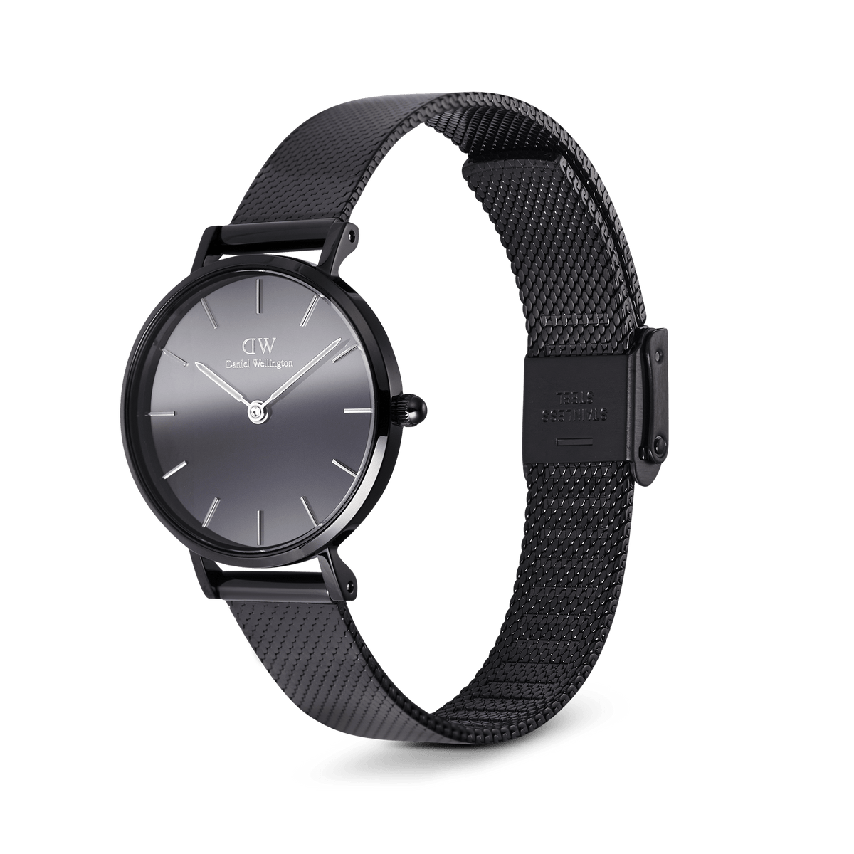 Daniel Wellington Petite Reflection Black watch featuring a 28mm black mirror glass dial, minimalist markers, and a polished black mesh stainless steel strap with an adjustable clasp.