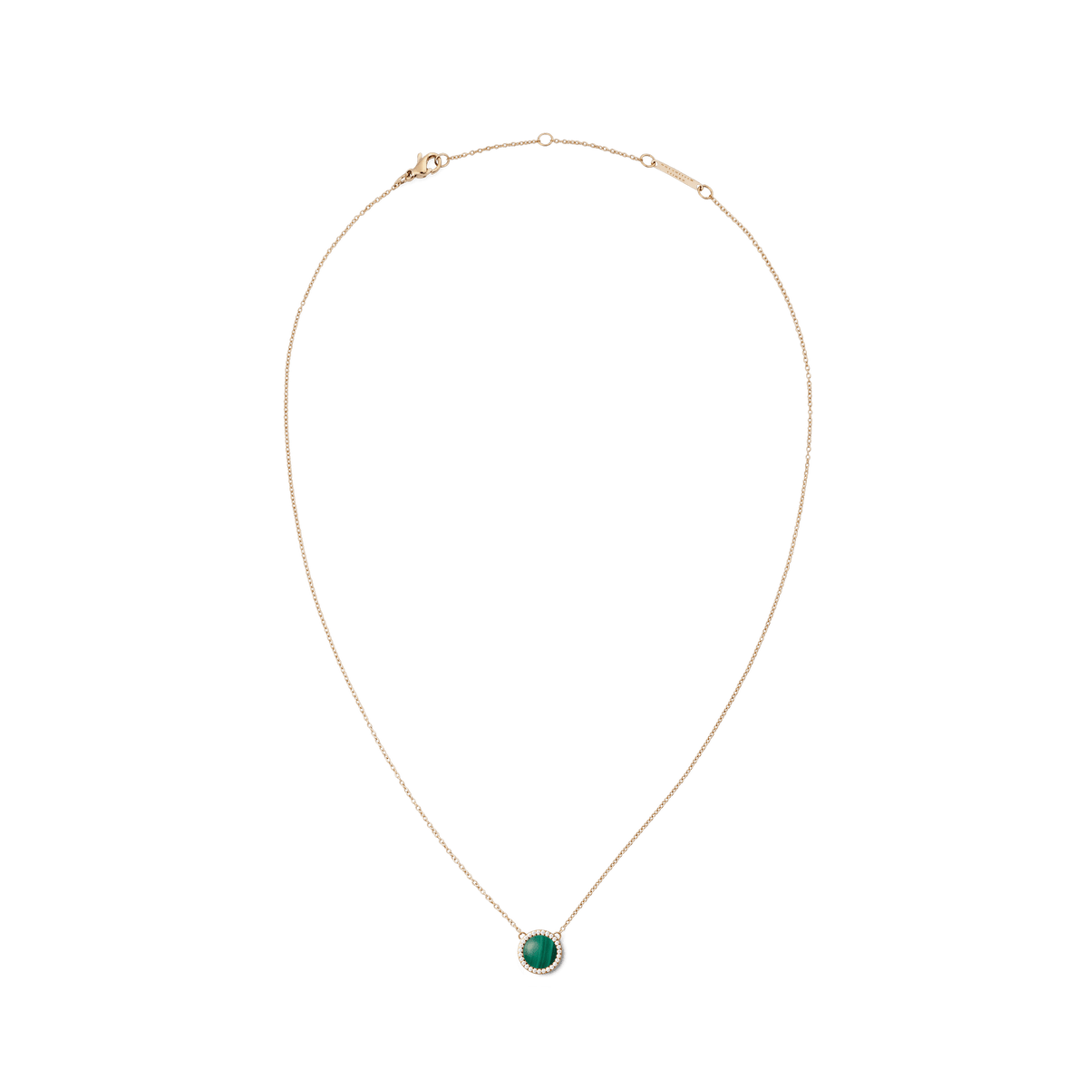 Delicate rose gold necklace with an adjustable chain, featuring a round domed malachite pendant framed by a halo of white cubic zirconia crystals.