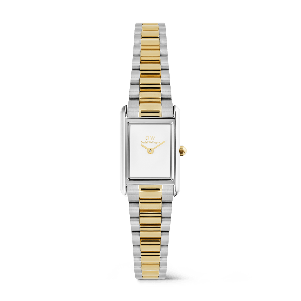 Bound Mini 3-Link Two Tone Gold ladies watch featuring a rectangular white dial, gold and silver 3-link bracelet, and minimalist gold accents, ideal for everyday wear and stacking with other jewellery.