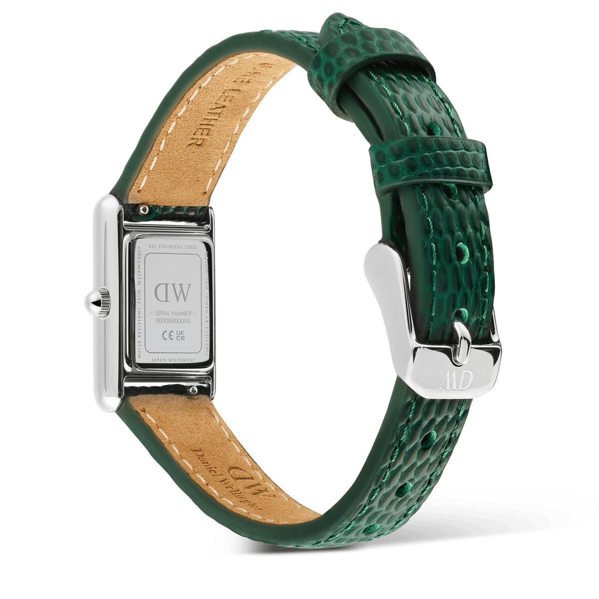 Rear view of the Bound Mini Green Lizard Silver watch showing the engraved stainless steel case back, textured green leather strap, and polished silver pin buckle with tan leather lining.