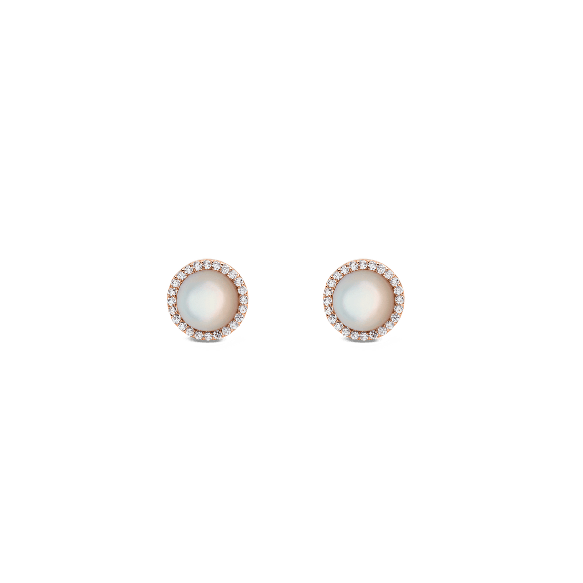 A pair of Daniel Wellington Audrey Earrings featuring round mother of pearl centres framed by a halo of sparkling white cubic zirconia, set in rose gold with a minimalist stud design.