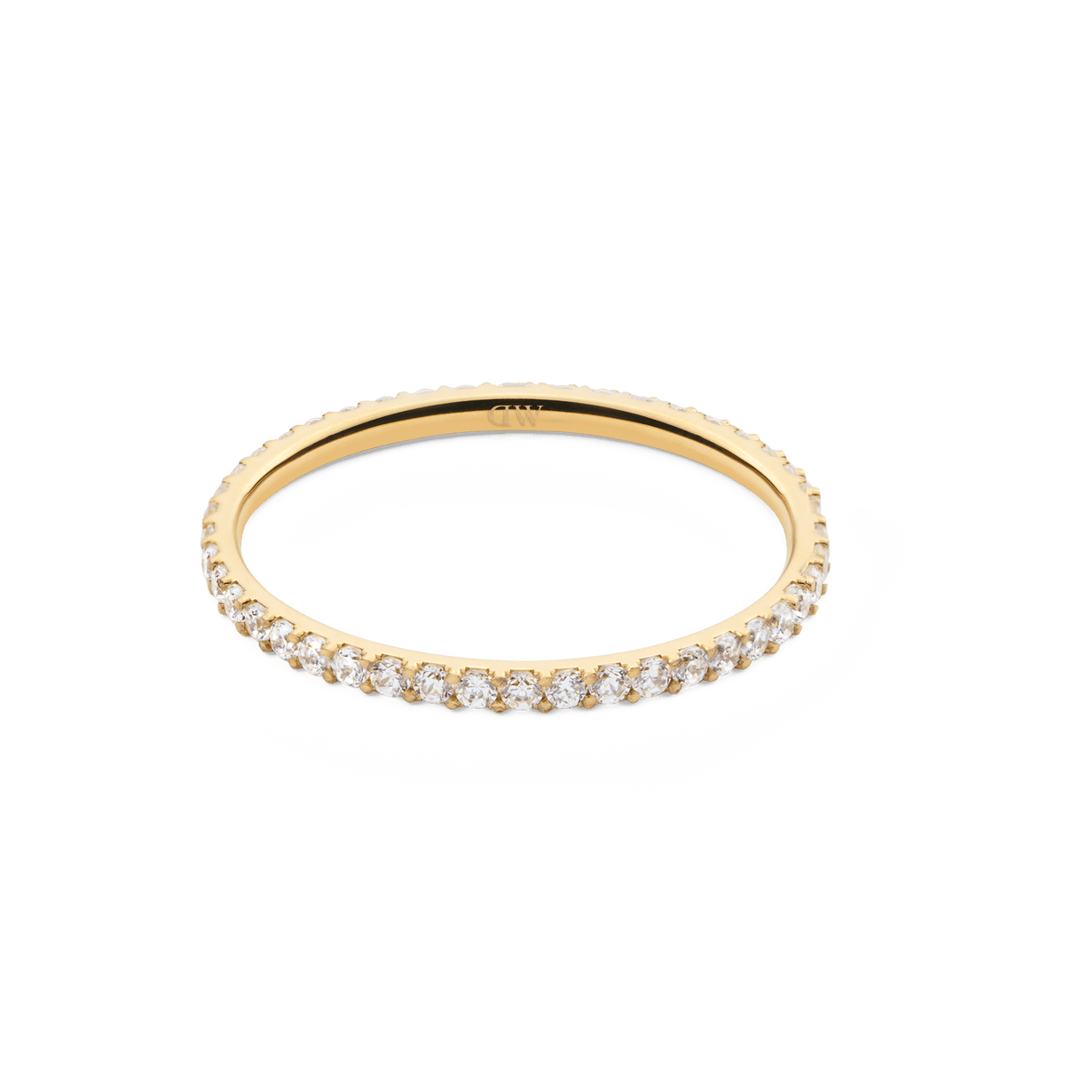 The Mirelle Eternity Ring Gold 1.4 mm displays a slim gold band with a continuous circle of white cubic zirconia crystals, offering a timeless and versatile jewellery option.