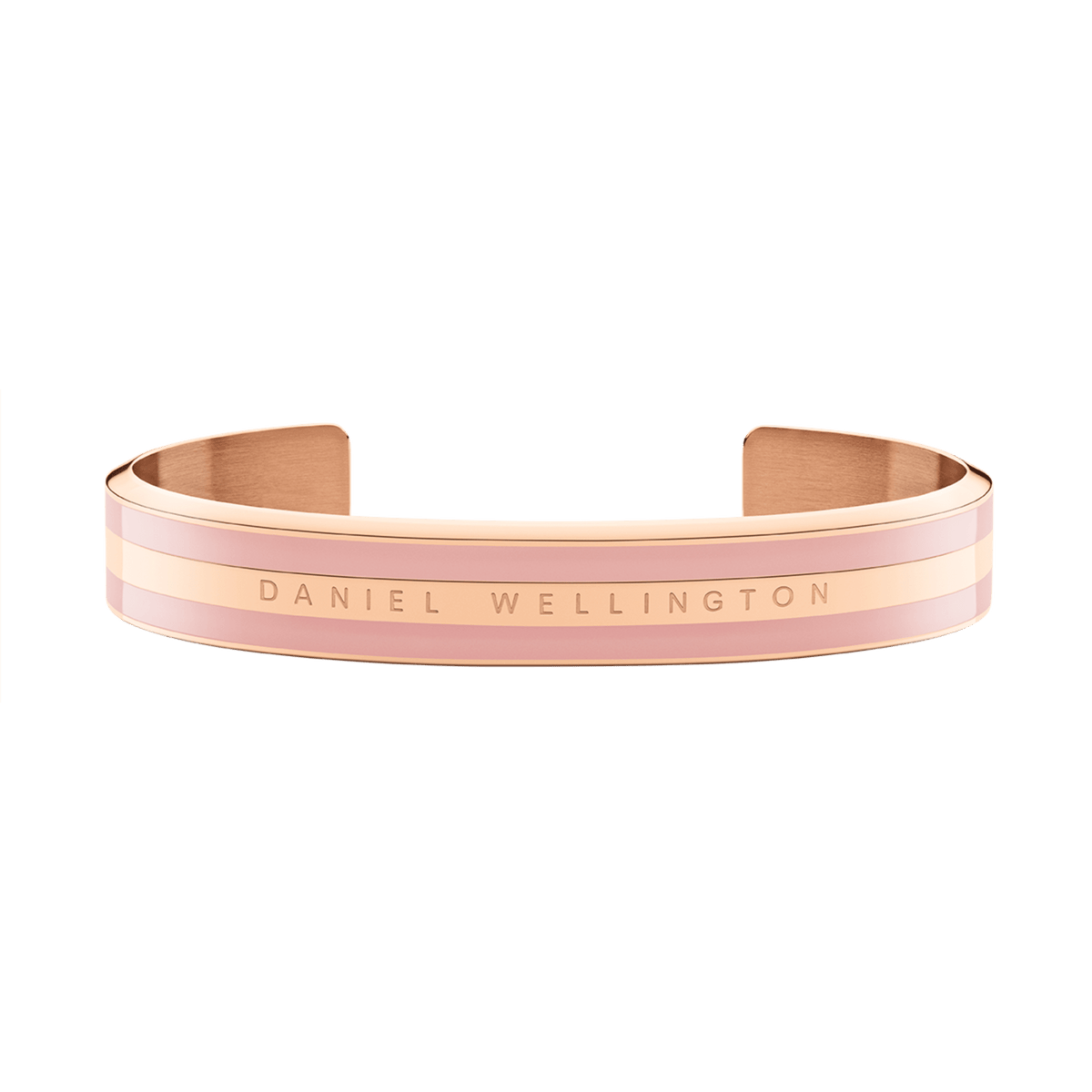 Emalie Bracelet Dusty Rose Rose Gold showcases a wide cuff in soft pink enamel paired with rose gold stainless steel, featuring the Daniel Wellington logo for a modern, minimalist jewellery look.