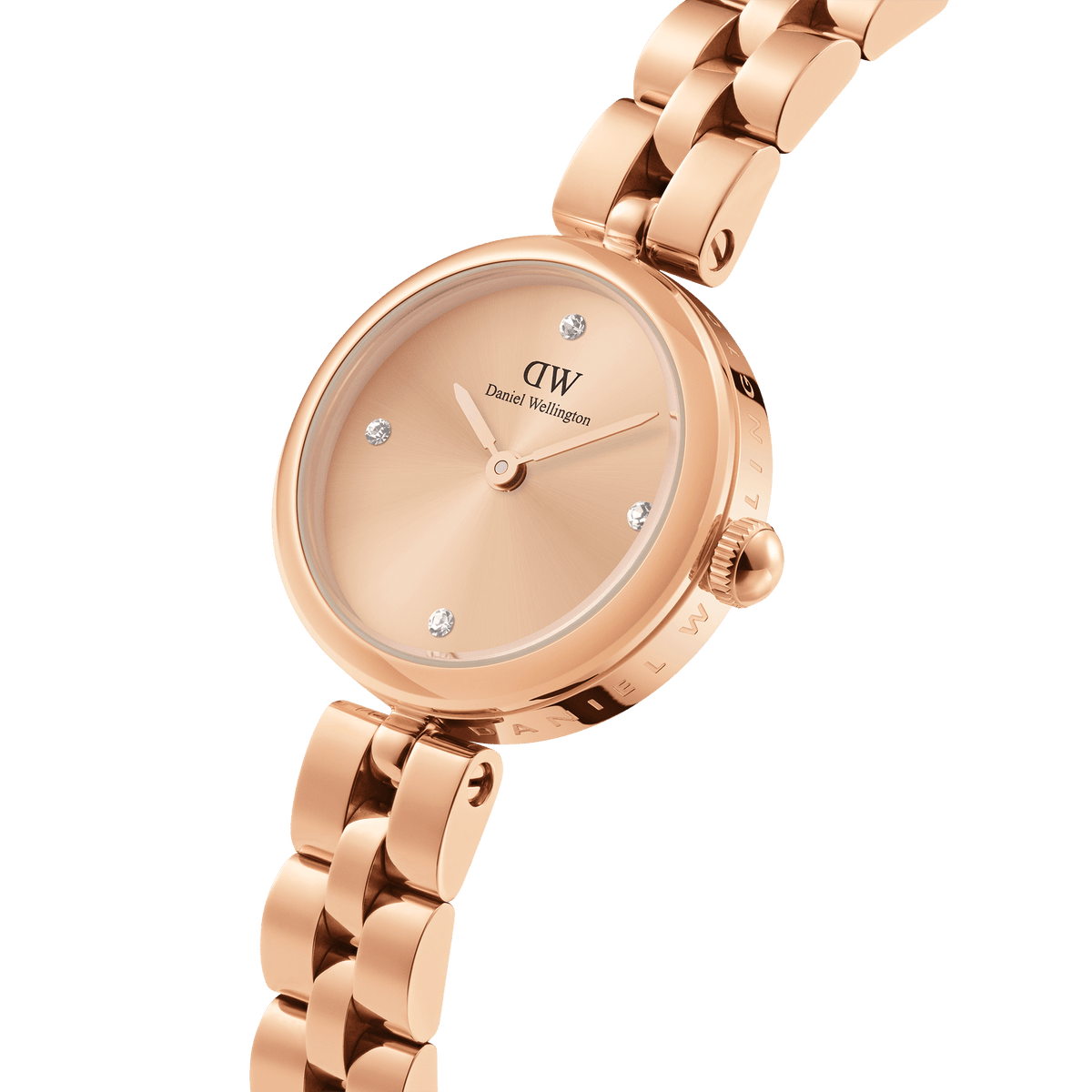 Elan Lumine Unitone Rose Gold ladies watch featuring a crystal-dotted dial, minimalist round case, and polished rose gold three-link bracelet, shown in a close-up angled view.