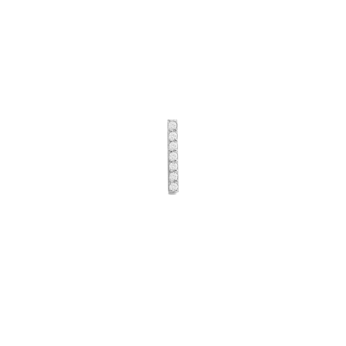 Slim silver stud earring featuring a vertical bar design set with seven sparkling cubic zirconia crystals, shown against a plain black background.