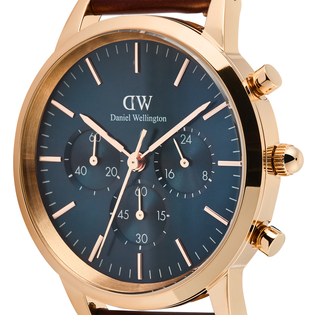 Close-up of the Iconic Chronograph St Mawes Arctic Rg showing the blue sunray dial, three chronograph sub-dials, rose gold case, and detailed hour markers, highlighting its refined design and premium finish.