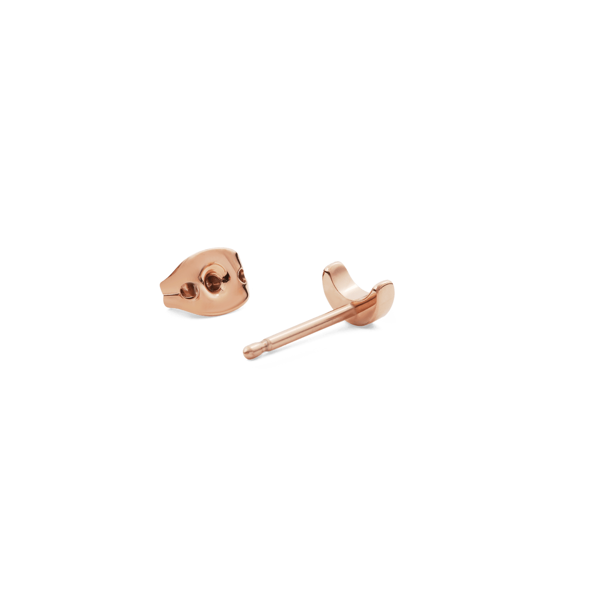 Moon Stud Rose Gold earring and backing, featuring a petite crescent shape with a polished rose gold finish and secure post, ideal for layering or wearing solo.