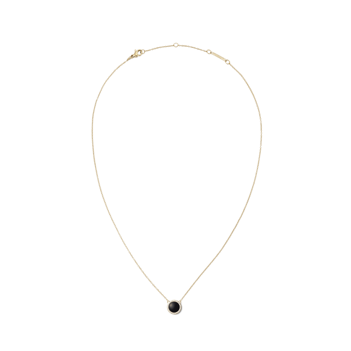 Gold necklace with an adjustable chain featuring a domed black agate pendant encircled by white cubic zirconia crystals, designed for a refined and modern look.