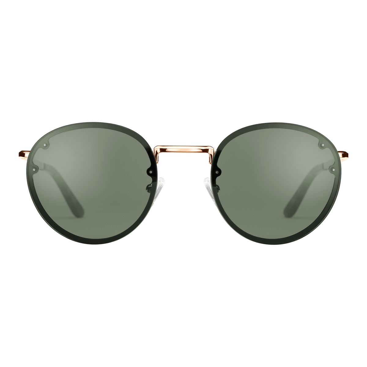 Arch Steel Green Rose Gold sunglasses with round green UV400 lenses and a rose gold plated stainless steel frame, featuring minimalist design and adjustable nose pads for comfortable everyday wear.