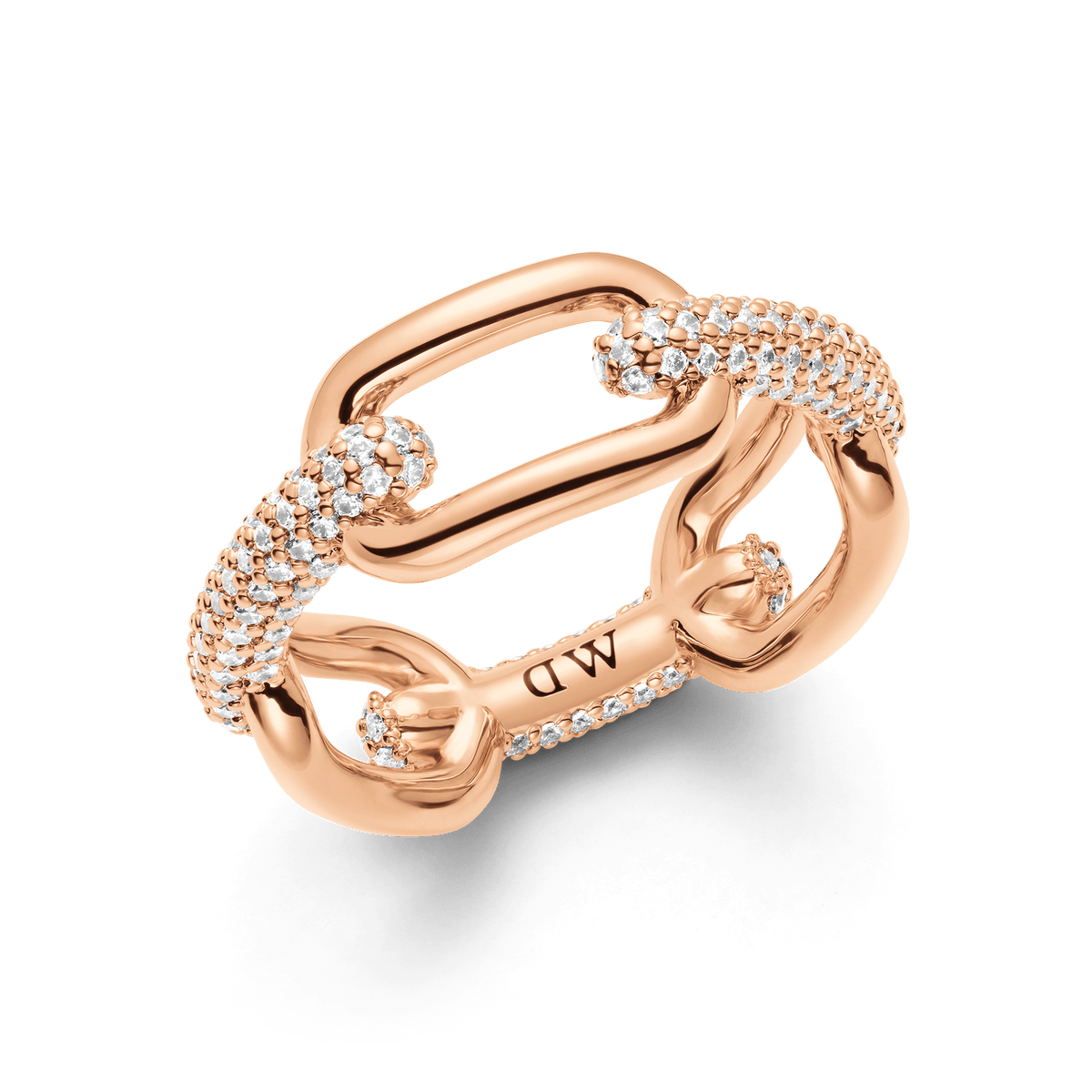 Crystal Link Ring Rose Gold with a chunky chain silhouette, featuring claw-set cubic zirconia crystals and a polished rose gold plated brass finish, designed for a contemporary and elegant style.