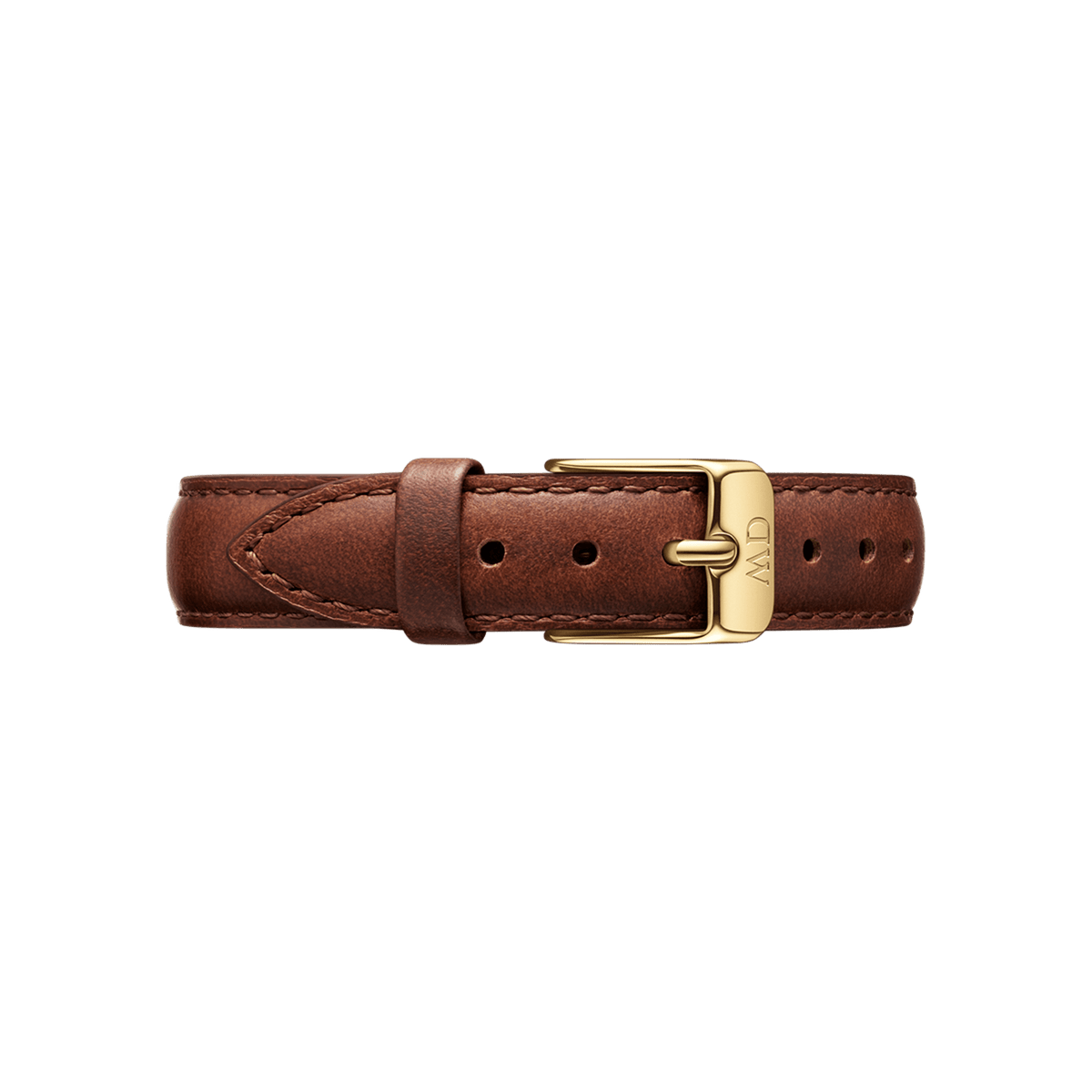 St Mawes Strap Gold in a smaller size, crafted from brown genuine leather with fine stitching and a gold-tone buckle, designed as a refined replacement watch strap for Daniel Wellington watches.
