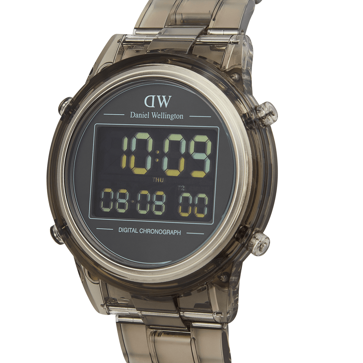 Retro Digital Light Grey Light Grey watch featuring a transparent light grey link strap, round case, and clear digital display with chronograph and dual time functions, shown from a side angle.