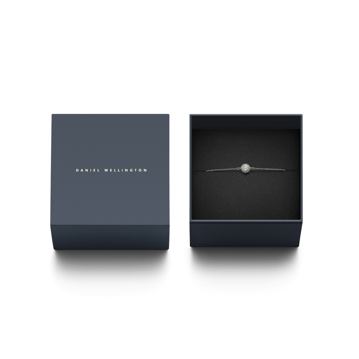 Pavé Crystal Pendant Bracelet Silver displayed in a sleek Daniel Wellington gift box, highlighting the elegant pavé ball pendant and delicate chain for a stylish gifting presentation.