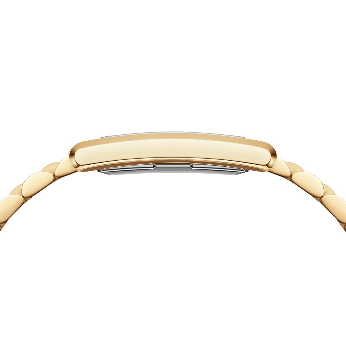 Side profile of the Bound 3-Link Gold watch showing its slim rectangular gold case and seamless gold bracelet, highlighting the comfortable fit and modern design.