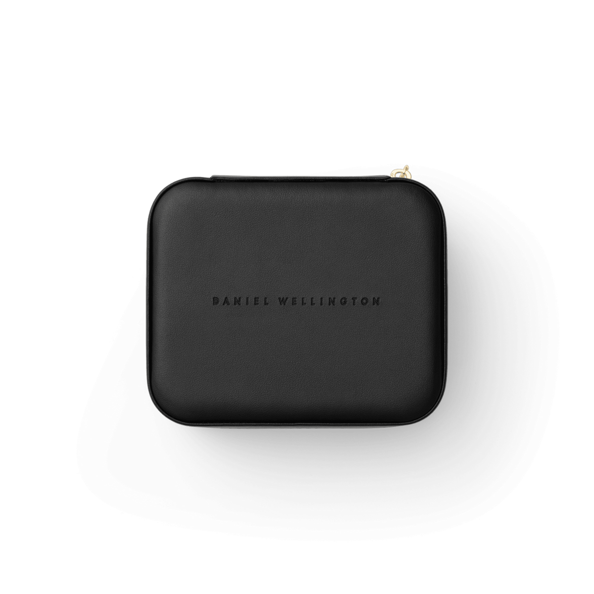 Travel Jewellery Box Black by Daniel Wellington with a smooth black exterior, embossed branding, and gold zip, designed for stylish and secure accessory storage during travel.