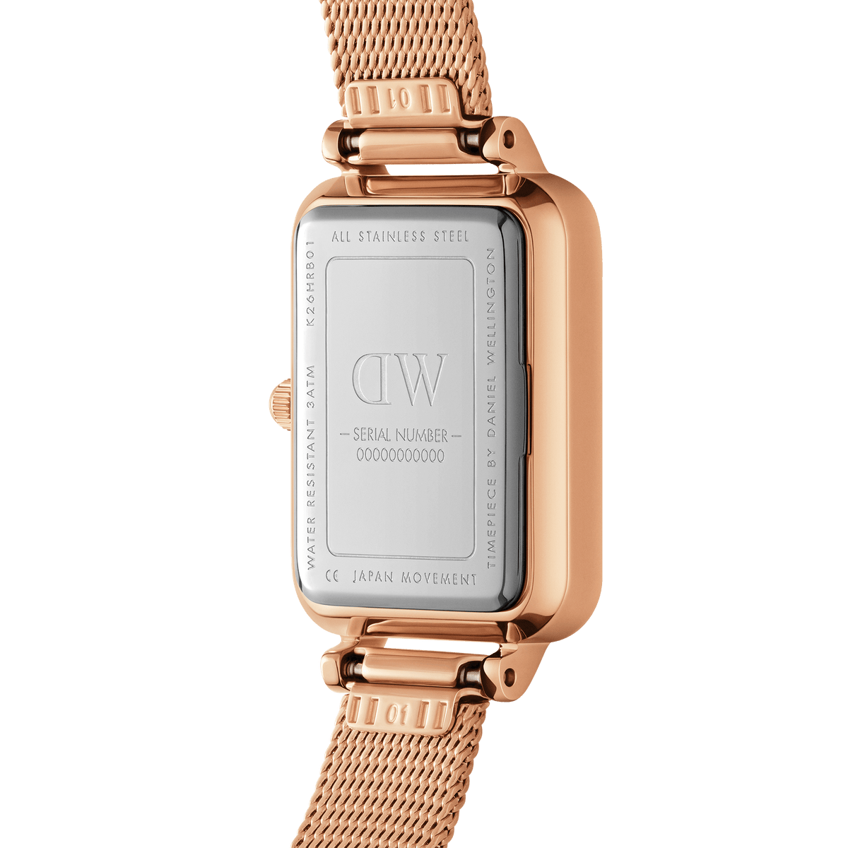 Back view of the Quadro Roman Numerals Melrose watch showing the stainless steel case, engraved details, and rose gold mesh strap with adjustable links, highlighting its quality craftsmanship and water resistance.
