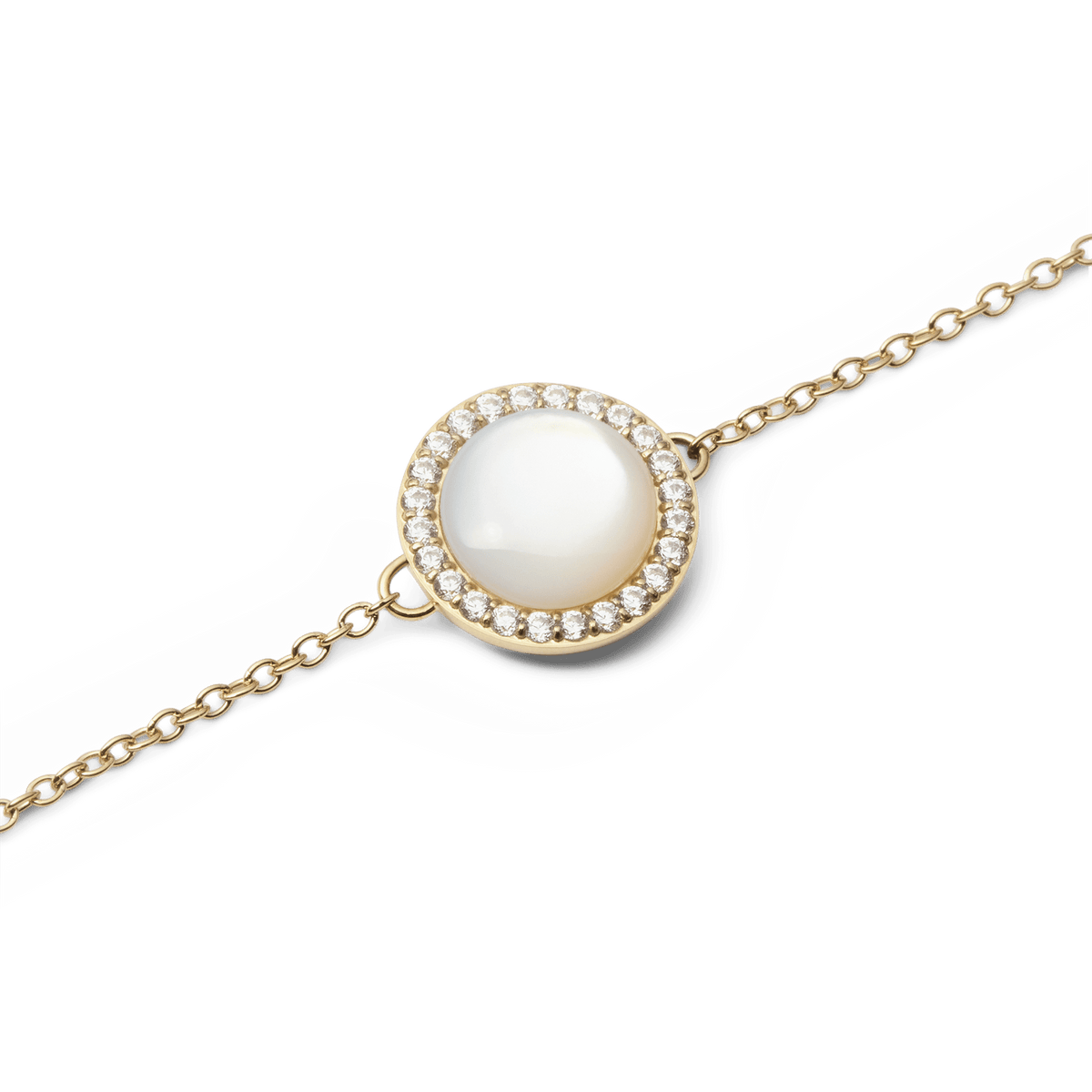 Close-up of the Audrey Bracelet Mother of Pearl Gold showing its domed mother of pearl centrepiece surrounded by a halo of sparkling white cubic zirconia on a slim gold chain.
