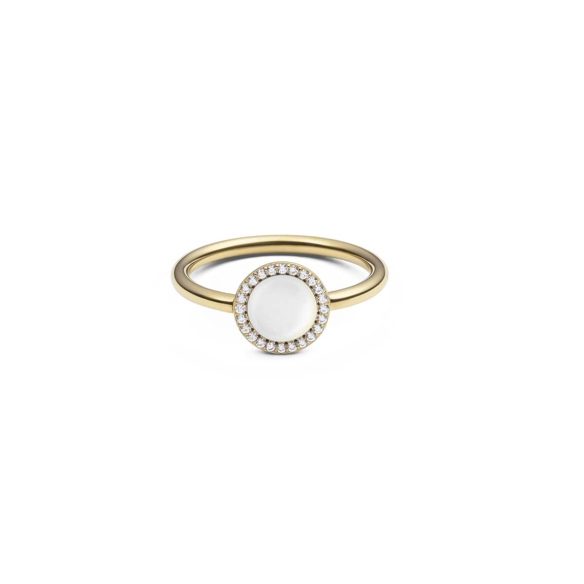 Gold ring with a round mother of pearl centrepiece, surrounded by a halo of white cubic zirconia, set on a slim gold band.