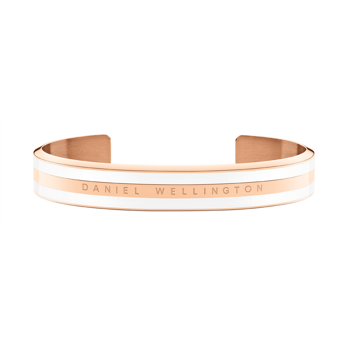 Emalie Bracelet Satin White Rose Gold features a sleek open cuff design with satin white enamel and rose gold plating, engraved with the Daniel Wellington logo for a modern, elegant look.