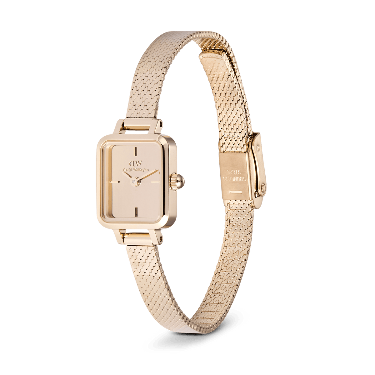 Quadro Mini Reflection Rose Gold ladies watch with a slim rectangular case, mirror-effect dial, and an adjustable rose gold mesh strap, shown from a side angle to highlight its polished finish and delicate design.
