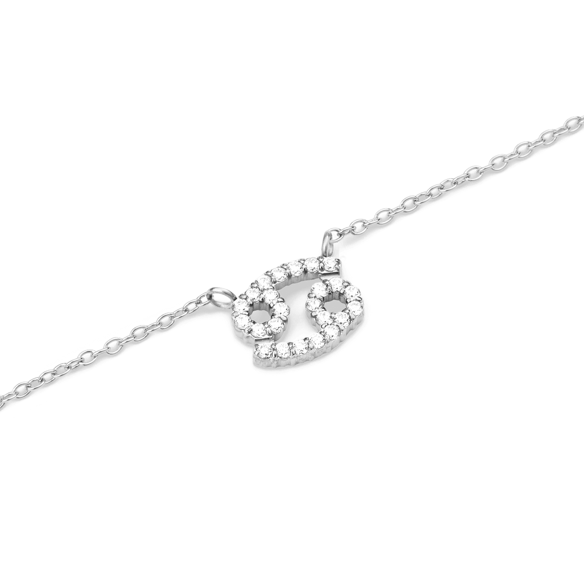 Close-up of the Crystal Zodiac Chain Necklace Silver featuring a Cancer zodiac pendant encrusted with sparkling hand-set crystals on a fine silver chain.