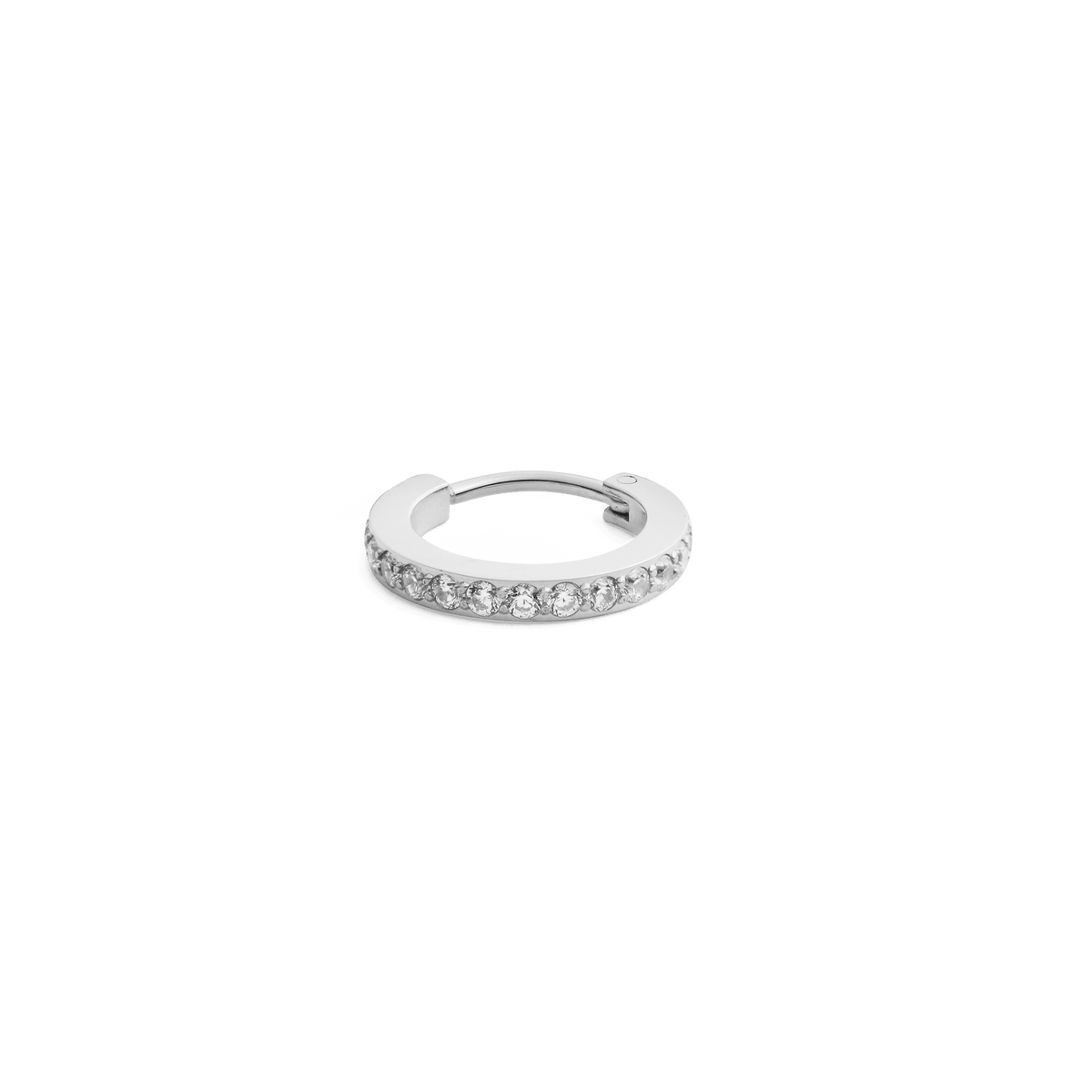 Silver hoop earring featuring a row of sparkling cubic zirconia crystals, crafted from stainless steel with a secure clasp and minimalist design.