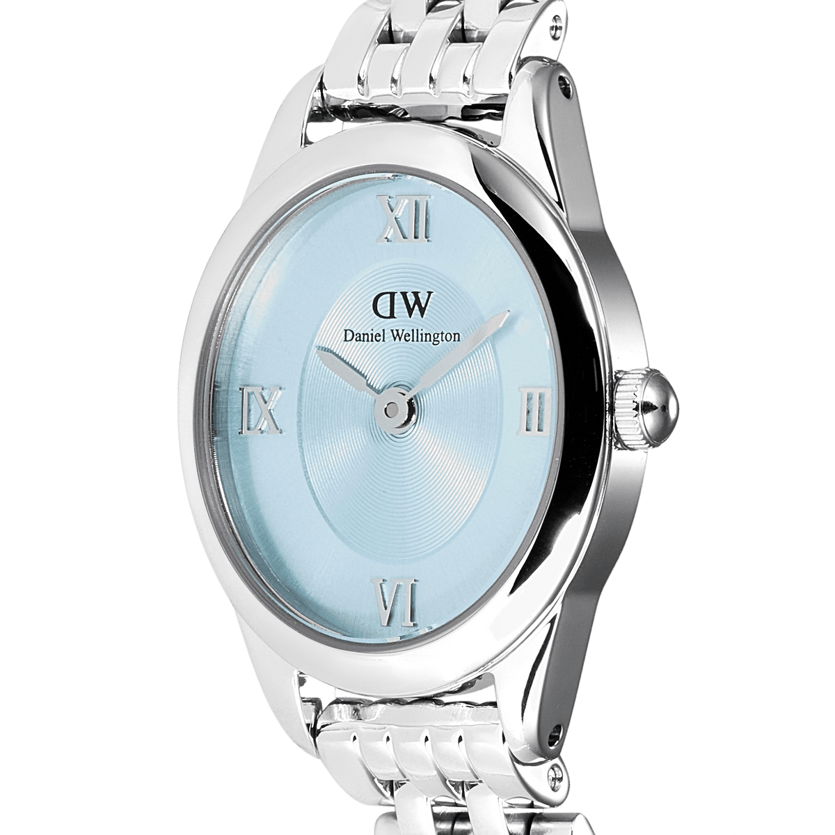 Close-up of the Ophelia Mini Ice Blue Silver watch, highlighting the oval polished silver case, ice blue sunray dial with silver Roman numerals, and the elegant 5-link stainless steel bracelet.