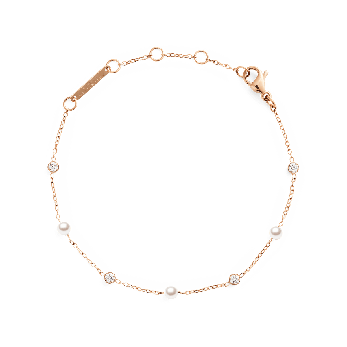 Delicate rose gold bracelet featuring alternating Swarovski glass pearls and cubic zirconia stones on a fine chain, designed with an adjustable clasp for a comfortable fit.
