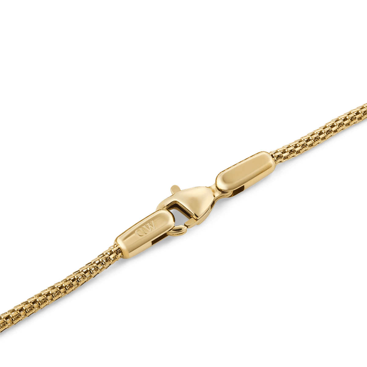 Close-up of the Tide Mesh Bracelet Evergold 1.8 showing its slim gold mesh design, polished finish, and secure lobster clasp.