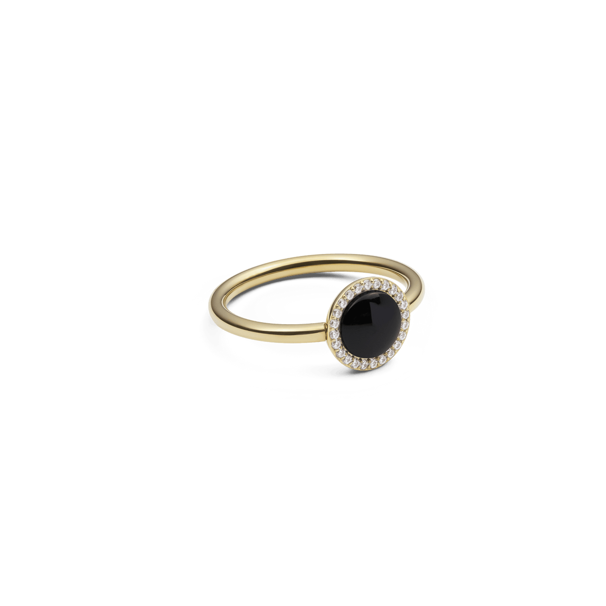 Gold ring featuring a slim band with a domed black agate centrepiece, encircled by a halo of white cubic zirconia crystals for a refined and elegant look.