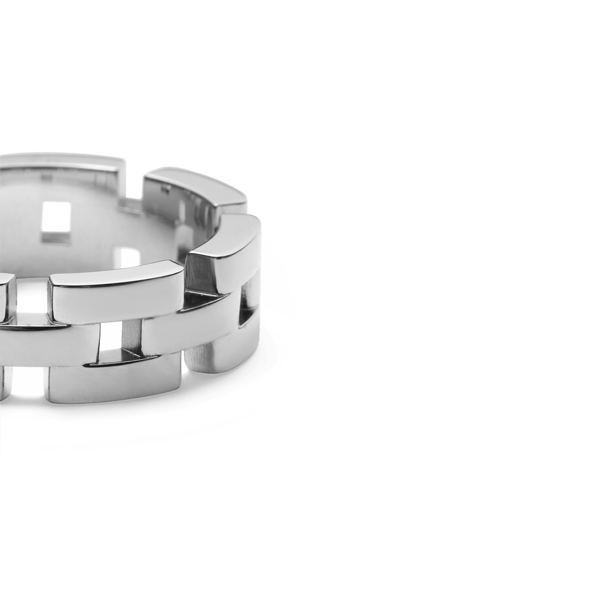 Close-up of the 3-Link Ring Silver, highlighting its geometric open-link structure and polished stainless steel finish for a contemporary, minimalist style.