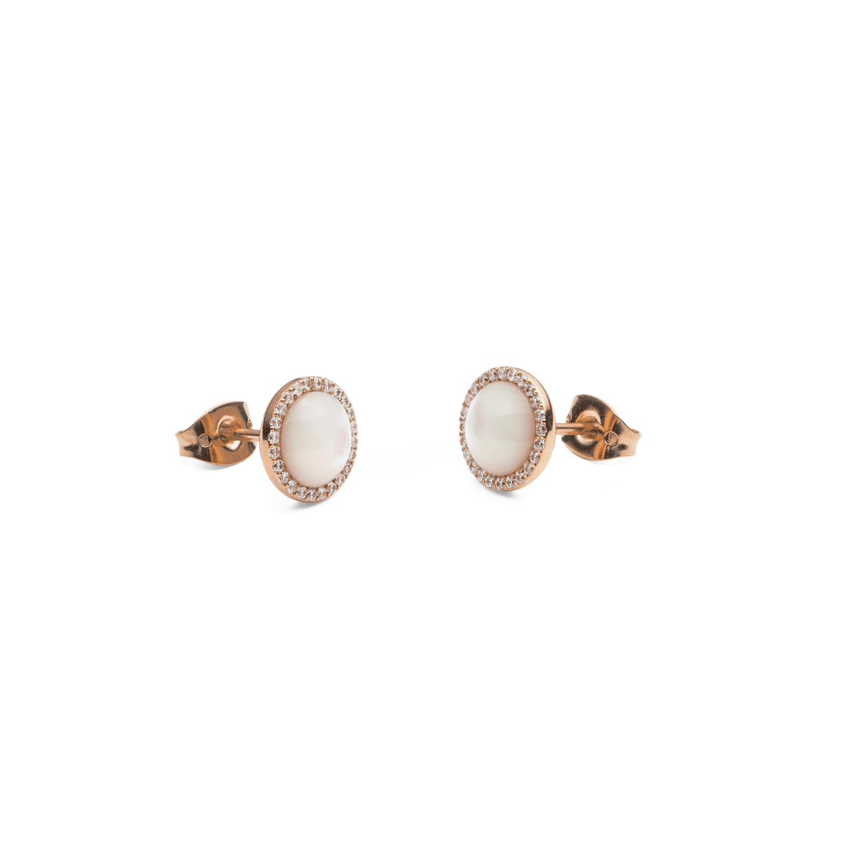 Daniel Wellington Audrey Earrings with domed mother of pearl centres, surrounded by a halo of white cubic zirconia and set in rose gold with butterfly clasps, shown from a side angle.